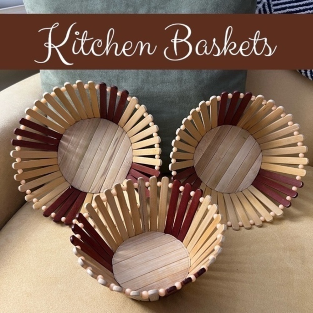 3-PC NWT Handmade Wood Bread Baskets-Fruit Bowls-Minimalist Natural Wood Baskets